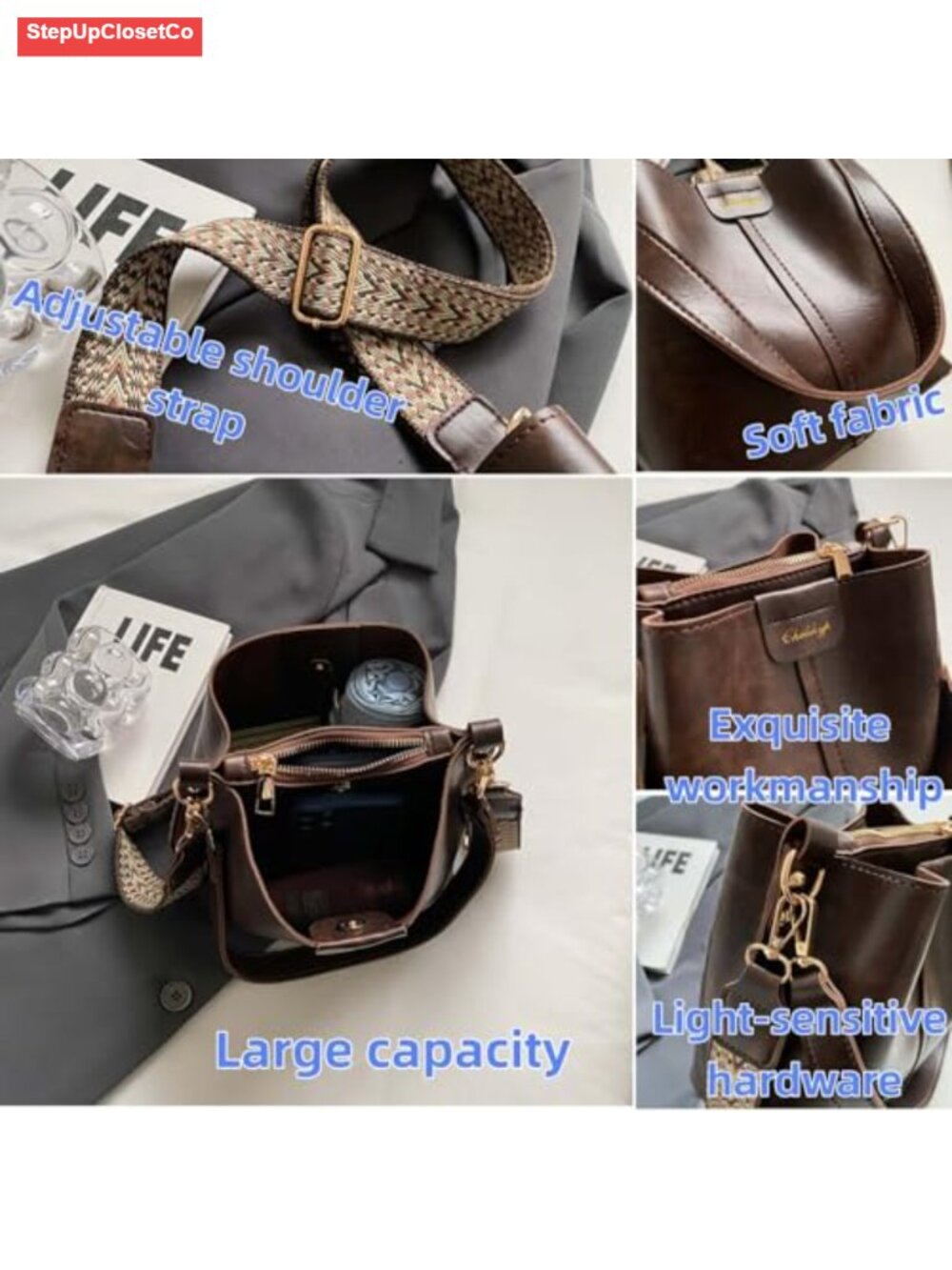 Large Capacity Vintage Bucket Crossbody Bag for Women Adjustable Strap Travel - Picture 5 of 6